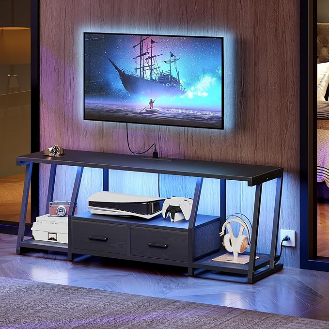 LED TV Stand with Fabric Drawers for 65 Inch TV, Entertainment Center with Power Outlets and Open Storage Shelves, Industrial Media TV Console Table for Living Room, Bedroom, Black