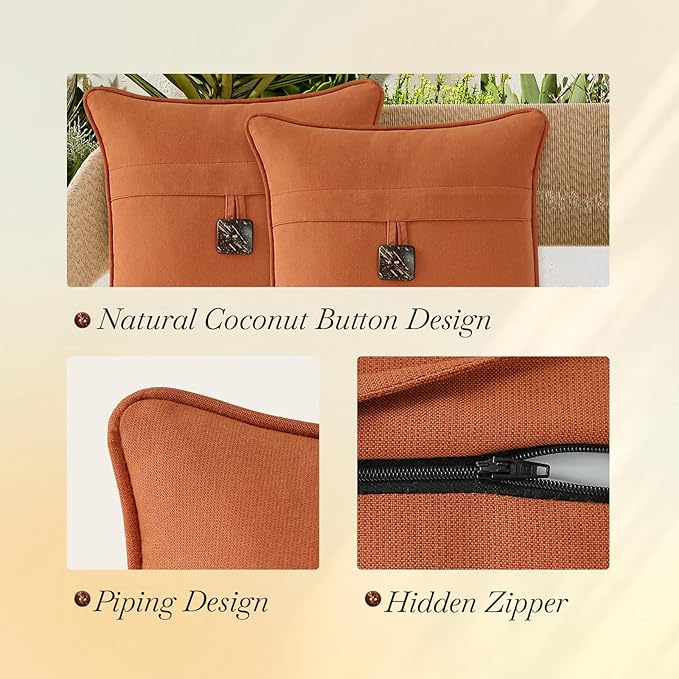 Outdoor Sunbrella Decorative Pillows with Coconut Button Pack of 4, 16" x 16" Outdoor Pillow Set for Couch Bed Throw Patio Sofa, Spectrum Cayenne