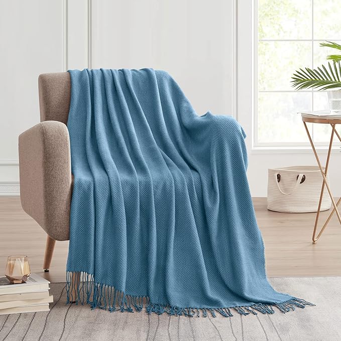 BOURINA Herringbone Two Tone Throw Blanket Faux Cashmere Fringe Soft Lightweight Cozy for Bed Couch Decorative Throws Blanket, Spa Blue, 50" x 60"