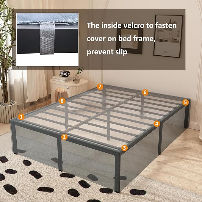 Queen Bed Frame with Fabric Cover 18 Inch, Heavy Duty Metal Bed Frame Queen Size, No Box Spring Needed, Support Up to 3000 lbs, Easy Assembly, Noise Free, Black