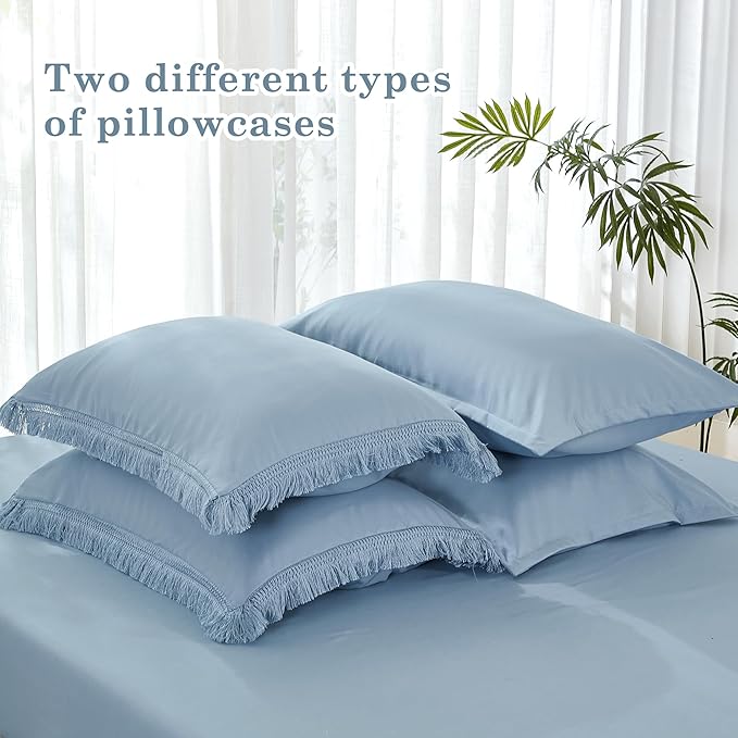 Andency Queen Comforter Set with Sheets Grayish Blue -7 Pieces Boho Tassel Bed in a Bag Soft Lightweight Bedding Sets, All Season Fringe Bed Set with Comforter, Sheets, Pillowcases & Shams