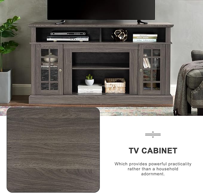 HMFULE 58" TV Stand with Storage for 55 60 65 inch Television, Entertainment Center 2 Glass Doors & Adjustable Shelves, Engineered Wood Modern Farmhouse Living Room Bedroom Furniture (Dark Walnut)