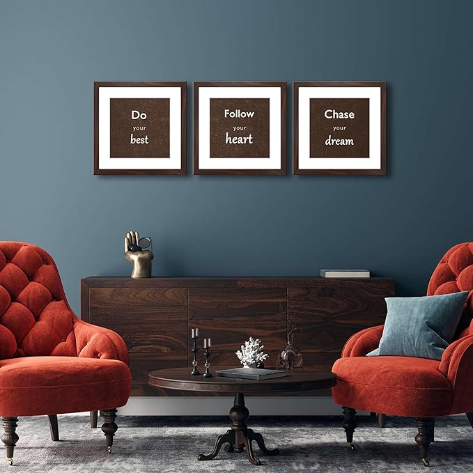 11x11 Picture Frame Set of 3 with Real Glass for Pictures 8x8 with Mat or 11x11 Without Mat, Wall Gallery or Tabletop display Photo Frames in Walnut