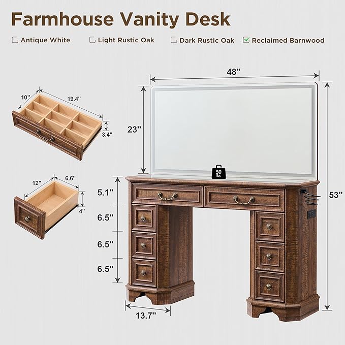 T4TREAM Makeup Vanity Desk with 48" HD Lighted Mirror, Farmhouse Vanity Desk with 8 Drawers, Vanity Table with 3 Color Modes, Dressing Table with Glass Top and Power for Bedroom(Reclaimed Barnwood)