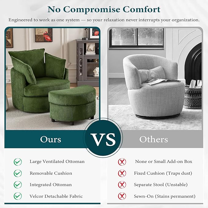 Swivel Accent Chair with Ottoman Comfy Reading Chairs for Bedroom Modern Corduroy Arm Chair 360°Swivel Barrel Chairs for Living Room,Apartment (Green, 1)