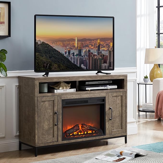 Fireplace TV Stand for TVs Up to 65 Inches, Farmhouse Entertainment Center with 23" Fireplace & LED Lights, Rustic Media Console with Sliding Barn Door and Open Shelves