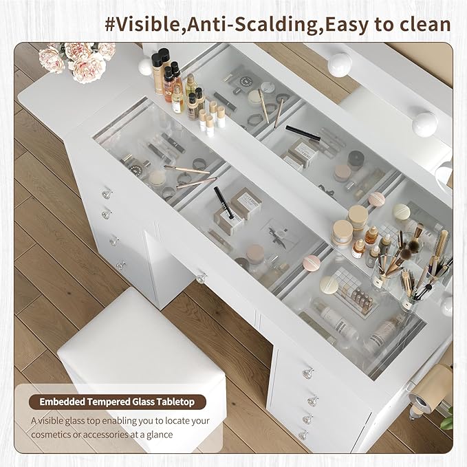 Vanity Desk & Power Outle, Makeup Vanity with Mirror and 12 LED Lights, 9 Drawers Makeup Table with Fold-up Panel, Vanity Set 3 Lighting Modes Brightness Adjustable (White)