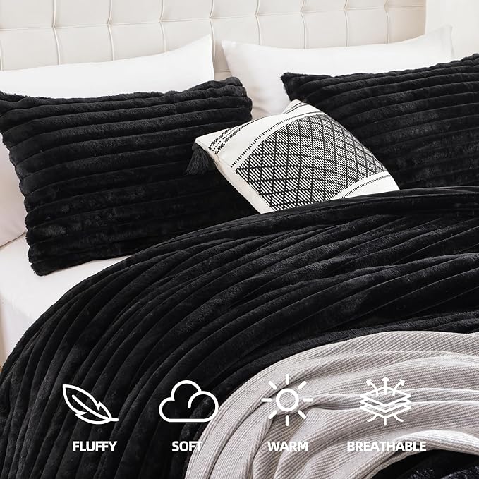 Smoofy Fluffy Queen Comforter Set 3 Pieces - Black Fleece Fluffy Comforter Set, Luxury Fuzzy Queen Bedding Set, Soft Warm Bed Set All Season, Heavy Faux Fur Comforter with 2 Pillow Cases