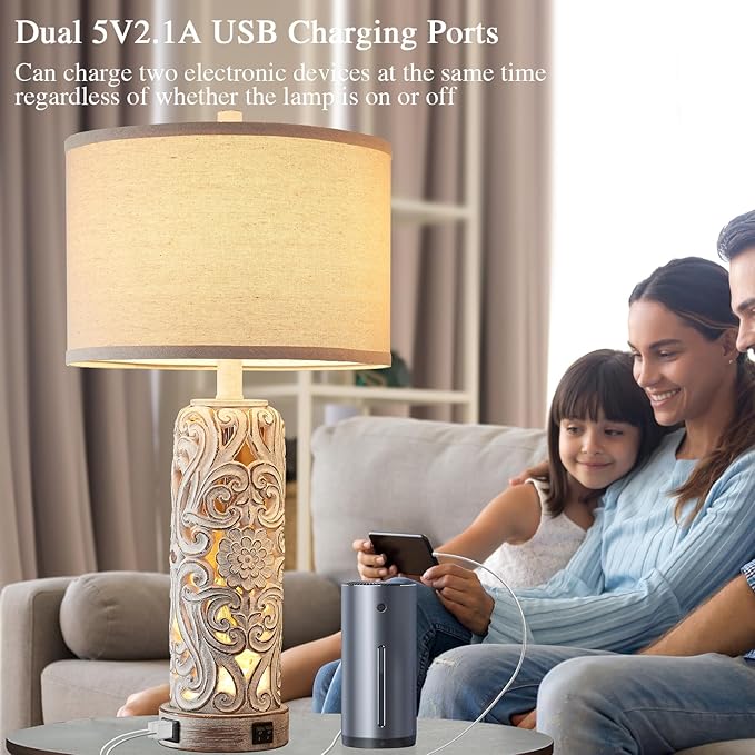 RORIANO Set of 2 Rustic Farmhouse Table Lamps for Living Room Bedroom, Vintage Bedside Lamp with Dual USB Port, Antique White Resin Retro Nightstand Lamps with Night Light