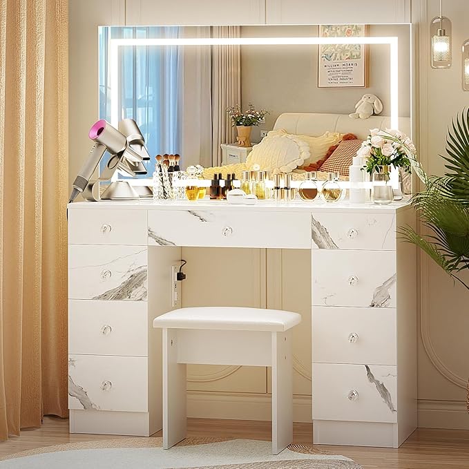 VOWNER Vanity with Lighted Mirror - Makeup Vanity Desk with Power Outlet and 9 Drawers, 3 Color Lighting Modes Adjustable Brightness, 43" Vanity Table with Soft Cushioned Stool for Bedroom, Marble