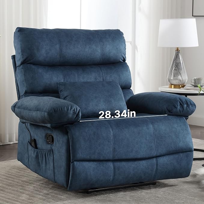 Oversized Recliner Chair Extra Wide Large Recliner for Adults 350lbs with Lumbar Support Pillow Nursery Chair Living Room (Manual, BLUE-6002)