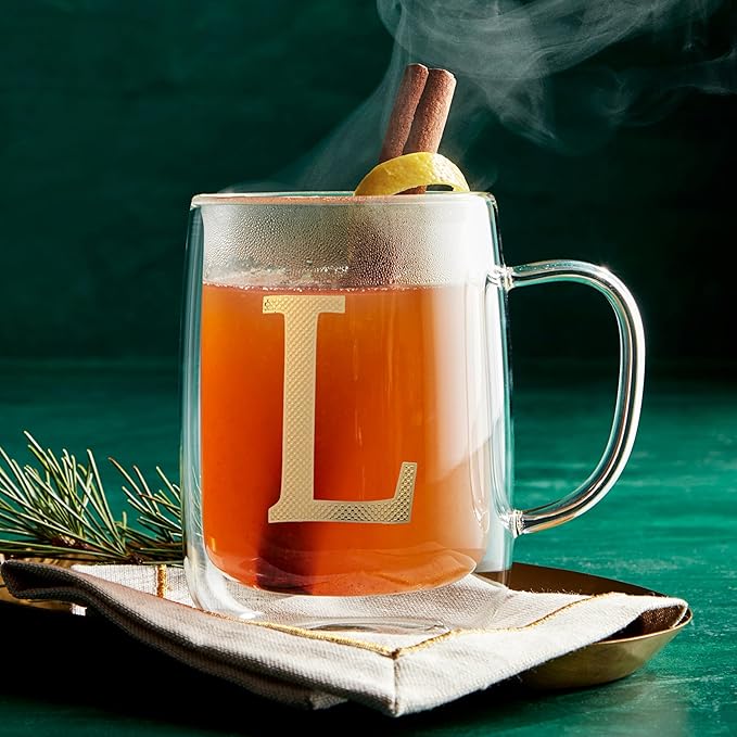 COLLECTIVE HOME - Double Walled Glass Coffee Mugs, Insulated Coffee Mug with Handle, Personalized Gifts for Women, Men, Christmas, 14 oz Monogram Cups (L)