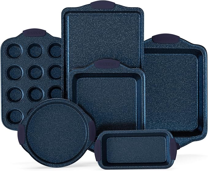 BAKKEN Kitchen Baking Pan Set - Nonstick Coating, Carbon Steel Bakeware Sets with Blue Silicone Handles, Baking Kitchen Essentials, PFOA, PFOS, PTFE Free, Oven Safe Tray (Up To 450° F), Set of 6