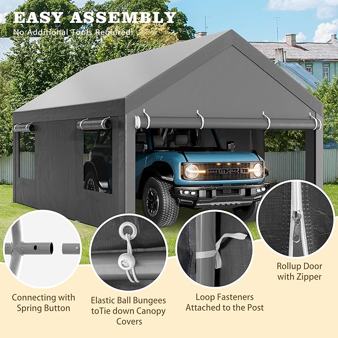 Walsunny Carport, 10x20 ft Heavy Duty Carport Canopy with Roll-up Windows, Portable Garage with Removable Sidewalls & Doors, Car Canopy with All-Season Tarp for Car, Truck, Boat
