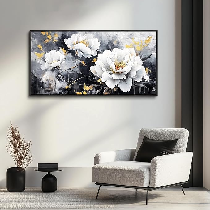PHAOHUAXM Large Canvas Black Framed Wall Art Decor For Living Room Bedroom Abstract Painting Ink-Wash White Flowers With Home Dining Room Decorations Prints Posters Modern Room Home Decor 24"X48"