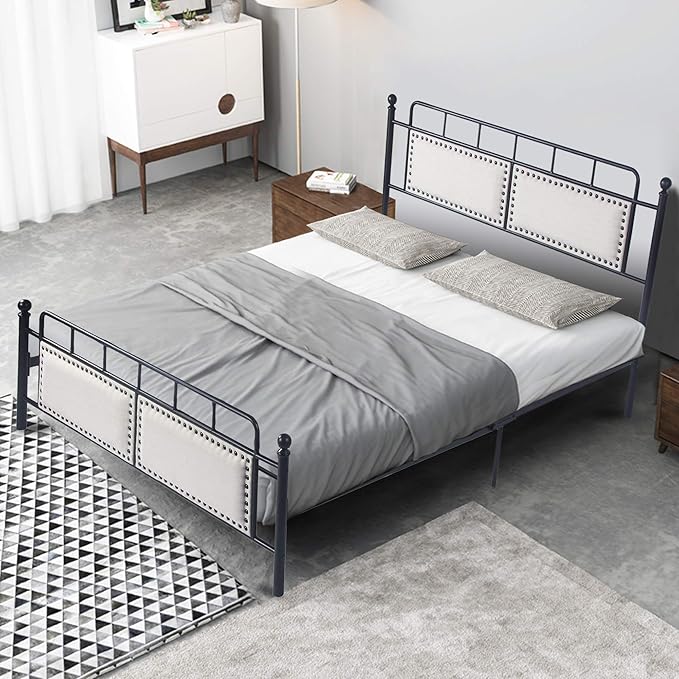 Bed Frame Upholstered Platform Vintage with Tufted Head Board Mattress Foundation with Metal Slats Full Size Industrial for Bedroom Students Kids Adults Storage Under Bed 500lbs (Black Metal 3, Full)