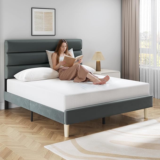 Full Bed Frame, Platform Bed Frame with Velvet Upholstered Headboard, No Box Spring Needed, Sturdy Metal Support, Noise Free, Easy Assembly, Modern Bedroom Furniture, Grey