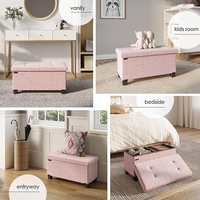 STORAGEBUD Storage Ottoman Bench with Bins, 30-in Storage Bench for Bedroom End of Bed, Folding Foot Rest Ottoman for Living Room Max 660lbs, Velvet Ottomans, Pink