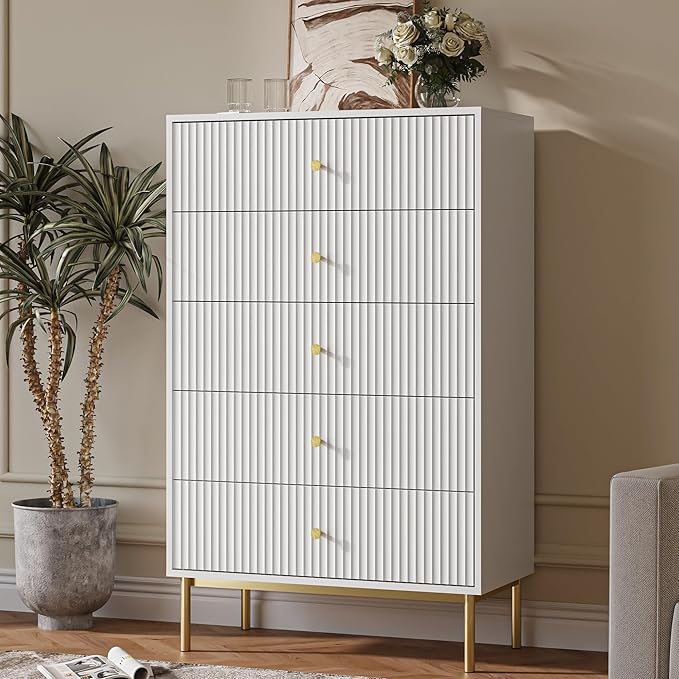 5 Drawer Dresser for Bedroom, Tall Dresser Chest of Drawers with Gold Handles, Wood Storage Cabinet for Bedroom, White