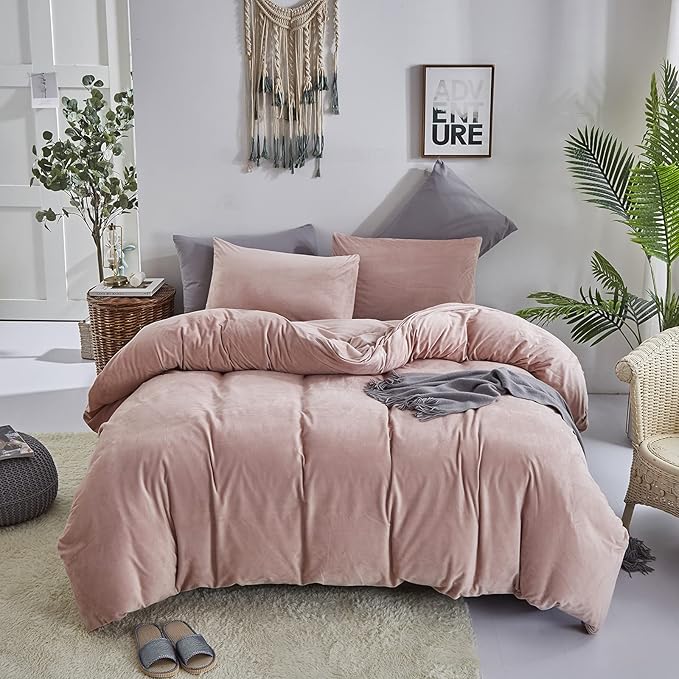 Luxlovery Pink Velvet Comforter Set Full Dusty Pink Flannel Plush Bedding Comforter Set Winter Thick Warm Solid Haze Pink Quilts Blanket Soft Heavyweight Comforter Set for Full Bed