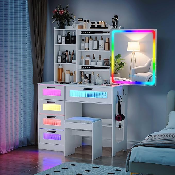 LED Vanity with Sliding Mirror, Smart Makeup Table with 5 Drawers 6 Shelves, Make Up Vanity Desk with Charging Station 14 Color Lighting Modes, Cushioned Stool, USB Type-C for Bedroom White