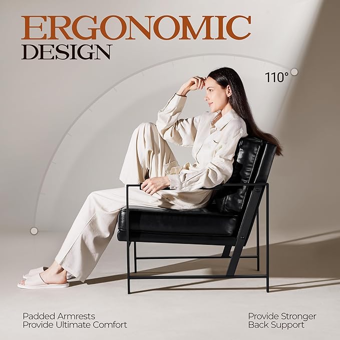 Yaheetech PU Leather Armchair, Retro Leisure Accent Chair with Extra Soft Padded and Cushion, Modern Reading Arm Chair with Black Metal Frame for Living Room/Office/Bedroom/Study Black 2 PCS