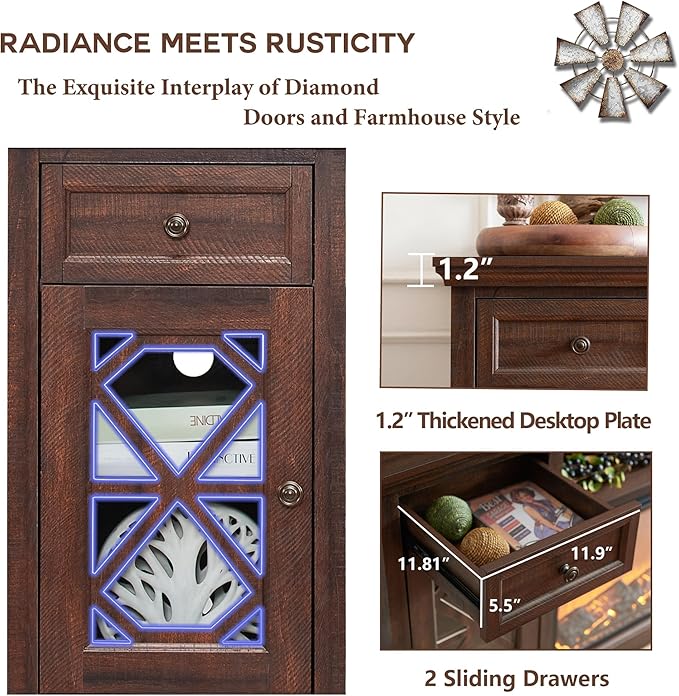 Farmhouse Fireplace TV Stand with 36" Electric Fireplace for 80 Inch TVs, 31" Tall Entertainment Center w/Drawer & Diamond Panel Door, Highboy Media Console for Living Room, 70inch, Brown