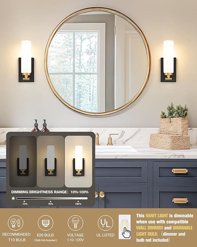 Emak Bathroom Sconces Set of 2, Black and Gold Wall Sconce with Milk Glass Shade, Modern Farmhouse Bathroom Light Fixtures for Living Room, Bedroom, Gallery, WS086-BKBGD-ML-2PK