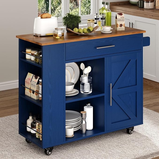 4 EVER WINNER Kitchen Island Cart with Storage, Island Table for Kitchen with Spice Rack & Towel Rack, Cabinet & Drawer, Rolling Microwave Cart with Open Shelves, Blue