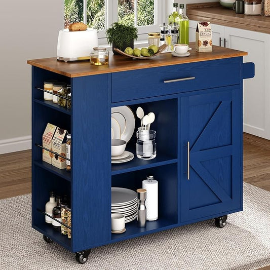 4 EVER WINNER Kitchen Island Cart with Storage, Island Table for Kitchen with Spice Rack & Towel Rack, Cabinet & Drawer, Rolling Microwave Cart with Open Shelves, Blue