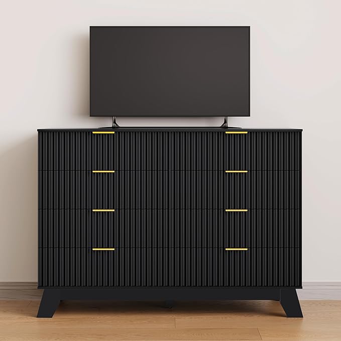 Fluted Dresser for Bedroom, 8 Drawer Dressers & Chest of Drawers, Mid Century Modern Dresser for Closet Boho Bedroom Furniture, Black Wood Chest of Drawers Storage Organizer for Living Room, Black