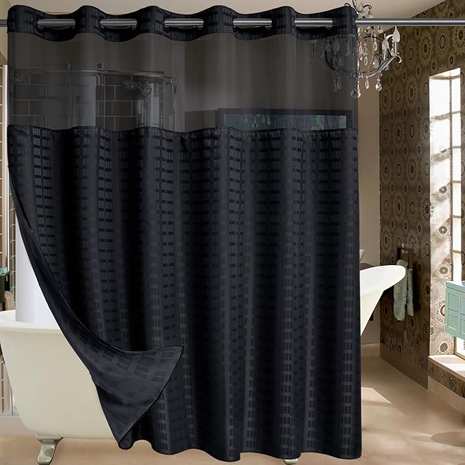 Conbo Mio Extra Wide No Hook Shower Curtain with Snap in Liner Set, 108" x 74" Hotel Luxury Black Shower Curtains for Bathroom with See Through Top Window, Waterproof, Washable 108W x 74H