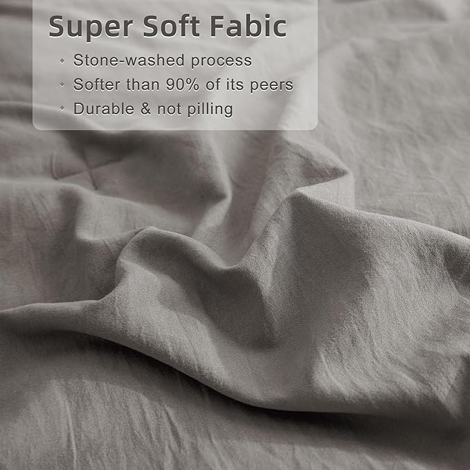 QSH Shabby Grey Ruffled Chic Comforter Queen Size, Farmhouse Boho Bedding Comforter Sets, 3 Pieces All Season Microfiber Inner Fill Bedding, Ultra Soft Lightweight Comforter Queen for Bed