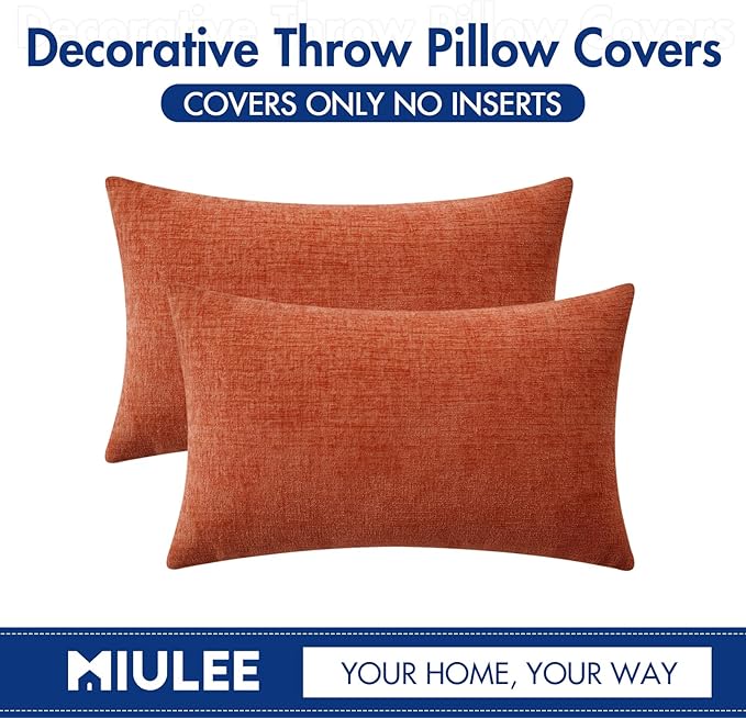 MIULEE Fall Pack of 2 Couch Throw Pillow Covers 12x20 Inch Soft Burnt Orange Chenille Pillow Covers for Sofa Living Room Solid Dyed Pillow Cases