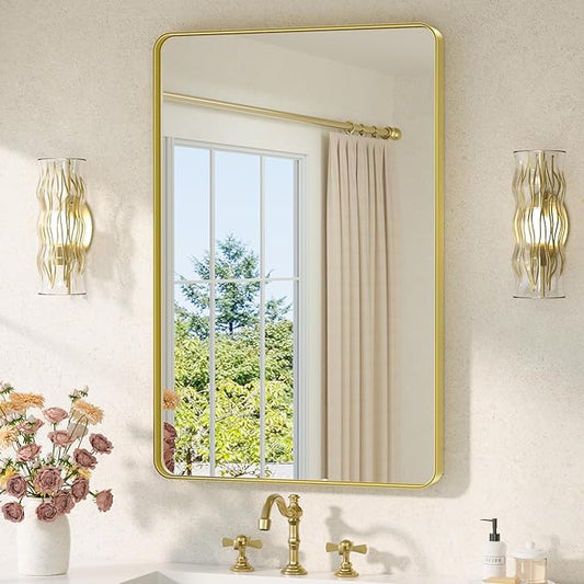 TETOTE Gold Mirror Bathroom 24 x 36 Brushed Gold Metal Framed Vanity Mirror, Tempered Glass, Modern Farmhouse Wall Mounted Mirrors for Decorative(Horizontal/Vertical)