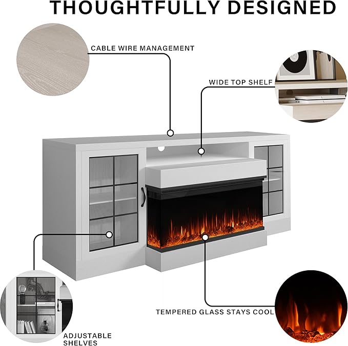 CharaVector 3-Sided Farmhouse TV Stand for TVs up to 75'', Modern TV Console with Glass Door Storage Cabinet, 60'' Large TV Stands for 30''Fireplace, White (ONLY TV Stand)