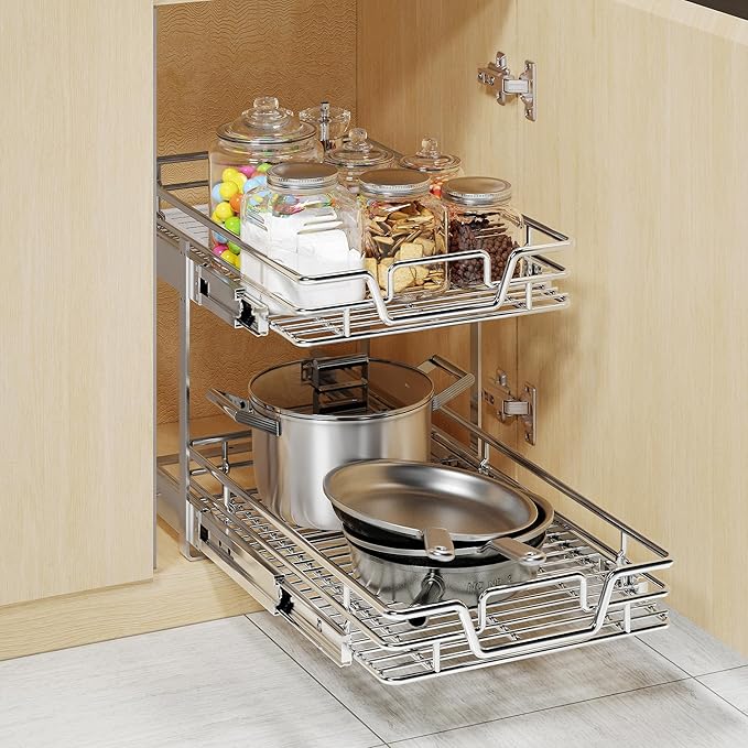 2-Tier Kitchen Cabinet Pull Out Shelf and Drawer Organizer Slide Out Pantry Storaqe Basket in Multiple Sizes (14" W x 21" D)