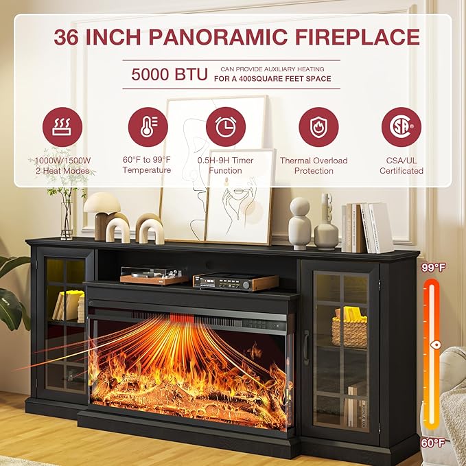 oneinmil 36 Inch 3-Sided Glass Fireplace TV Stand for TVs up to 80", Rustic Media Entertainment Center Console Table with Glass Door Closed Storage, Set of TV Table, Black