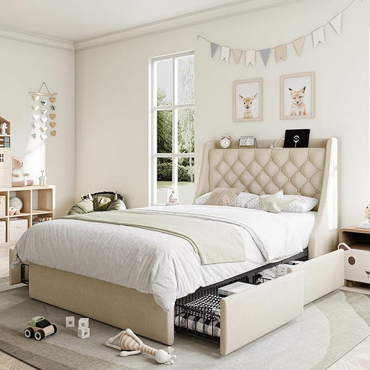 Twin Bed Frame with 4 Storage Drawers, Giant Upholstered Wingback Headboard, Fast Charging Station, No Box Spring Needed, Noise-Free, Beige