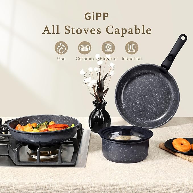 GiPP Ceramic Non Stick Pots and Pans Set,Nonstick Detachable Handle Cookware Sets,Healthy Non Toxic PFAS PFOA & PTFE Free, Dishwasher ＆Oven Safe, Induction Kitchen Pot and Pan, 8 Piece Grey