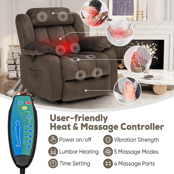 Power Lift Recliner Chair for Elderly with Heated and Massage, Adjustable Lift Chair Recliner, USB Port, Side Pocket, Plush Fabric, Brown