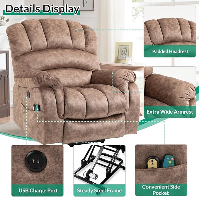 VIVIJASON Large Power Lift Recliner Chair with Heat & Massage for Elderly Big People, Overstuffed Wide Electric Lift Chair with Extended Footrest, 2 Remote Controls, Side Pockets & USB Ports, Brown