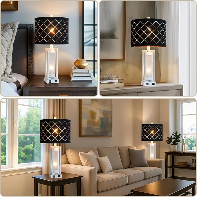 RORIANO 25" Set of 2 Farmhouse Table Lamps with USB C+A Ports, Rustic Retro Nightstand Lamps with White Night Light, Black Grid Shade, Desk Lamps for Bedroom Bedside, 4 Bulbs Included