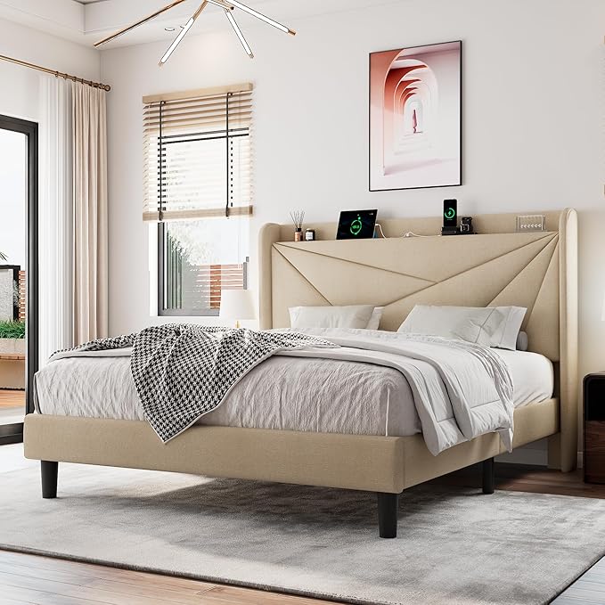 Queen Size Upholstered Bed Frame with Charging Station, Platform Bed Frame with Storage Headboard, Solid Wood Slats Support, No Box Spring Needed, Beige