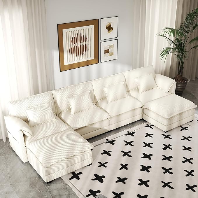 Real Relax 145'' Modular Sectional Sofa, U Shaped Corduroy Convertible Couch with Movable Ottoman 8 Pillows and 2 Armrest Pillows for Living Room, Office and Leisure Places, Beige