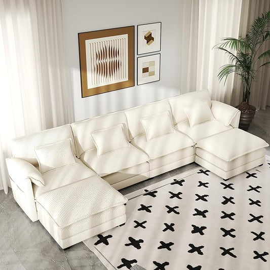 Real Relax 145'' Modular Sectional Sofa, U Shaped Corduroy Convertible Couch with Movable Ottoman 8 Pillows and 2 Armrest Pillows for Living Room, Office and Leisure Places, Beige