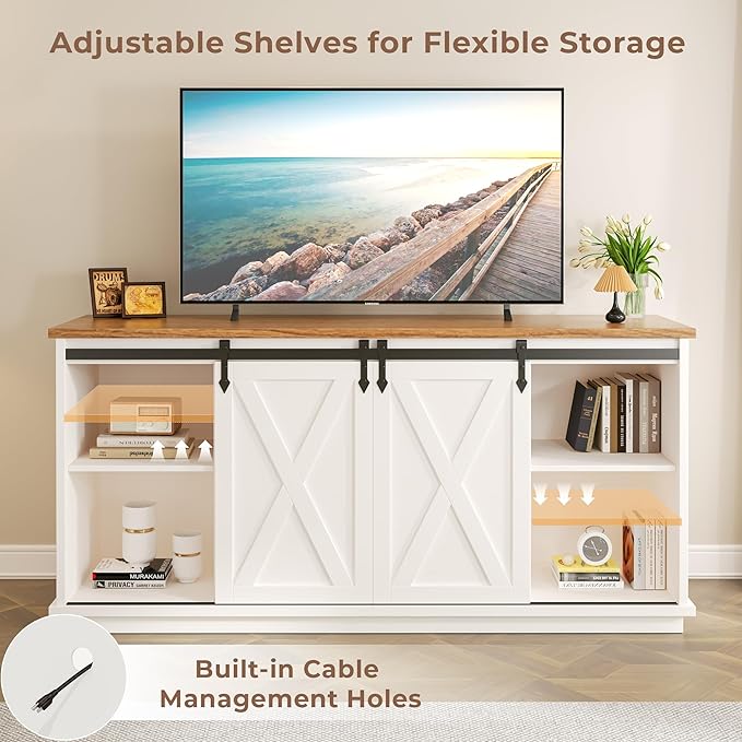 Modern Farmhouse TV Stand for Televisions up to 65’’, Entertainment Center with Storage Cabinets and Sliding Barn Doors, Media TV Consoles for Living Room, Bedroom, White