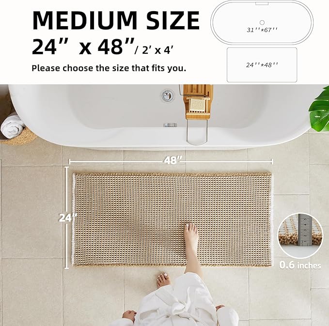 Waffle Bath Mat, Boho Bathroom Rugs Non Slip Washable Super Absorbent Quick Dry Bath Mat Farmhouse Bathroom Decor, 48"x24" Khaki and White