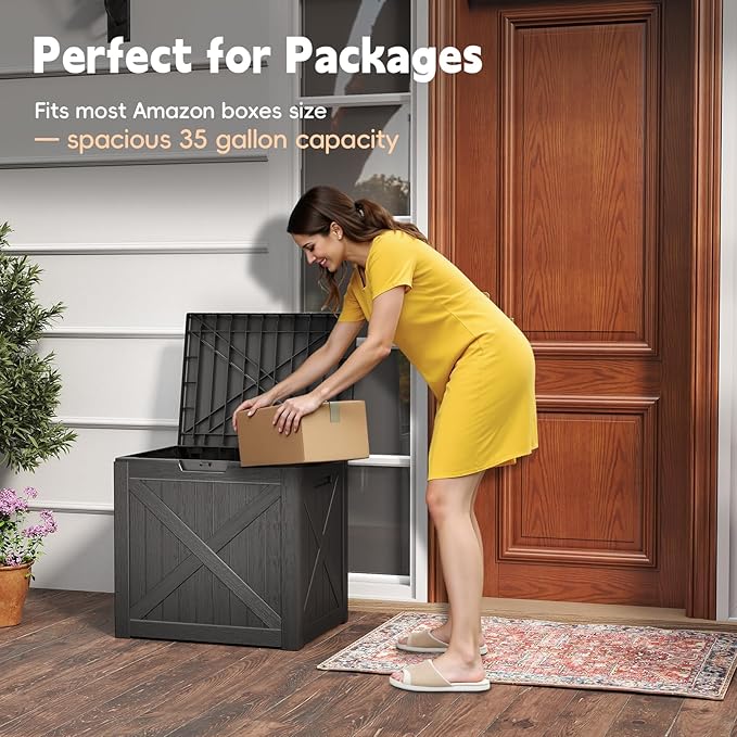 Outdoor Storage Box, 35 Gallon Waterproof Resin Deck Box, Storage Bin for Package Delivery, Patio Furniture Cushion, Garden Tools, Pool Accessories, Weatherproof and UV Resistant, Black