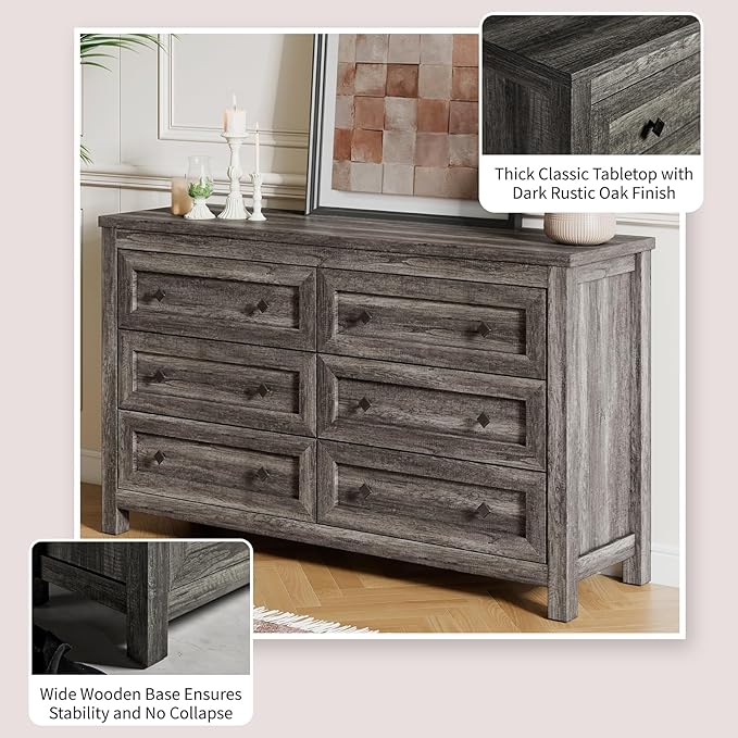 Farmhouse 6 Drawers Dresser, Wood Rustic Chest of Drawers for Bedroom, Closet Storage Dressers Organizer, 6 Drawers Chest for Living Room, Hallway, Grey